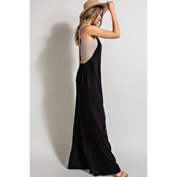 SOLD OUT Comfy Black Open Back Knit Wide Leg Boho Overalls Casual Solid Women's - Picture 5 of 6